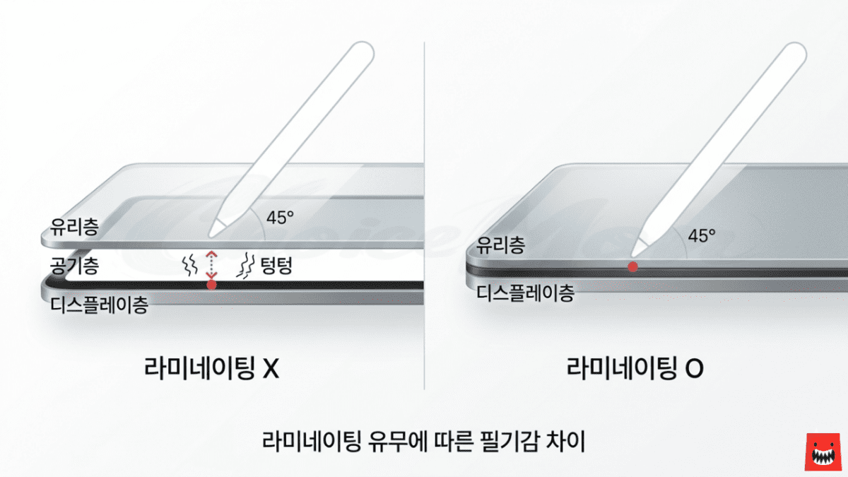 아이패드 라미네이팅 처리 유무에 따른 펜슬 필기감 차이 비교 단면도