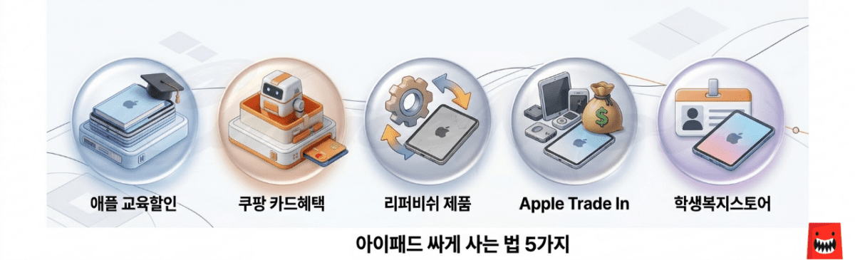 아이패드를 싸게 사는 5가지 주요 방법을 시각적으로 요약한 3D 인포그래픽. 교육할인, 쿠팡 혜택, 리퍼비쉬, 보상판매, 학생복지스토어 포함