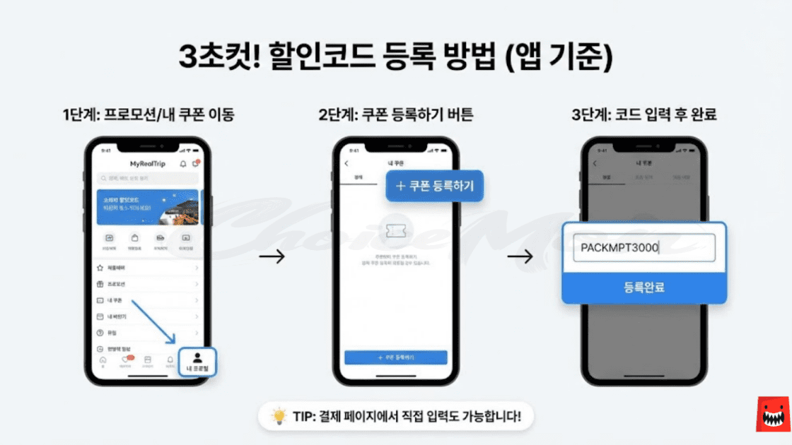 마이리얼트립 앱에서 할인코드를 등록하는 3단계 방법(프로필 이동, 쿠폰 등록 버튼 클릭, 코드 입력)을 보여주는 스마트폰 화면 인포그래픽
